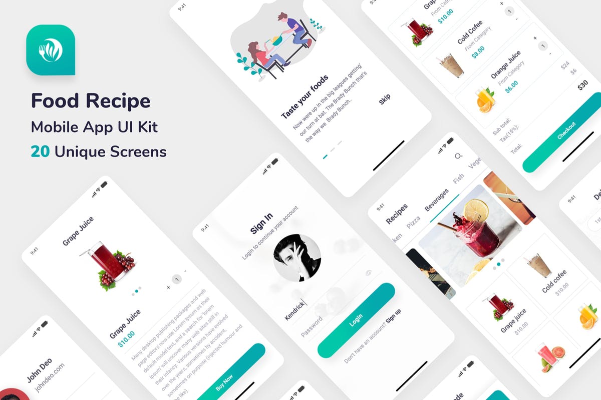 在线点餐类美团手机APP应用UI套件 Food Recipe Mobile App UI Kit插图