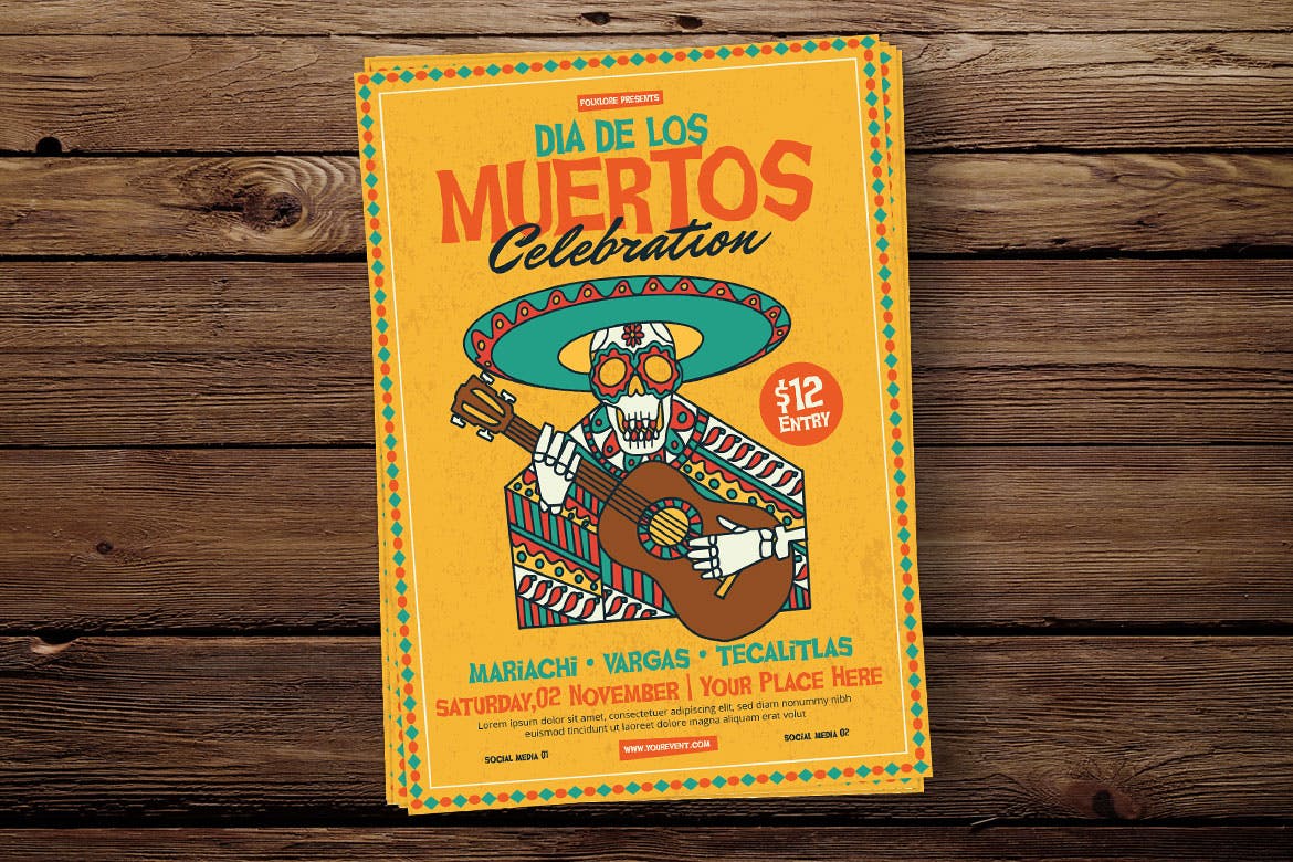 墨西哥亡灵节音乐派对活动海报传单模板 Dia De Los Muertos Celebration插图(2)
