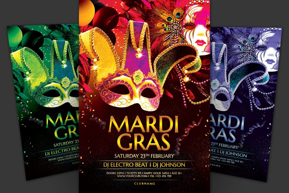 狂欢节/化妆舞会传单PSD设计模板 Mardi Gras Flyer插图