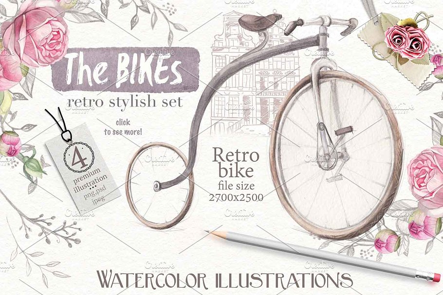优雅文艺风自行车与玫瑰手绘插画元素 Bicycles and roses插图