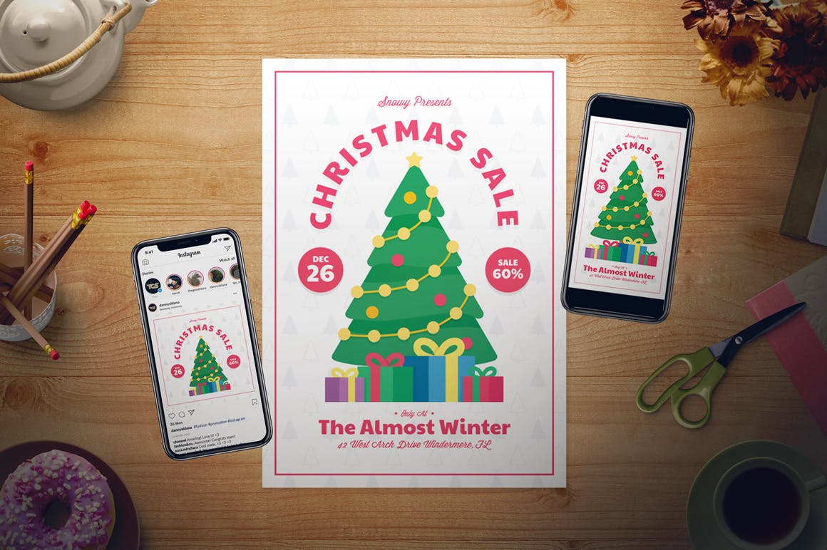 圣诞树背景圣诞节促销活动海报传单模板 Christmas Sale Flyer Set插图(1)