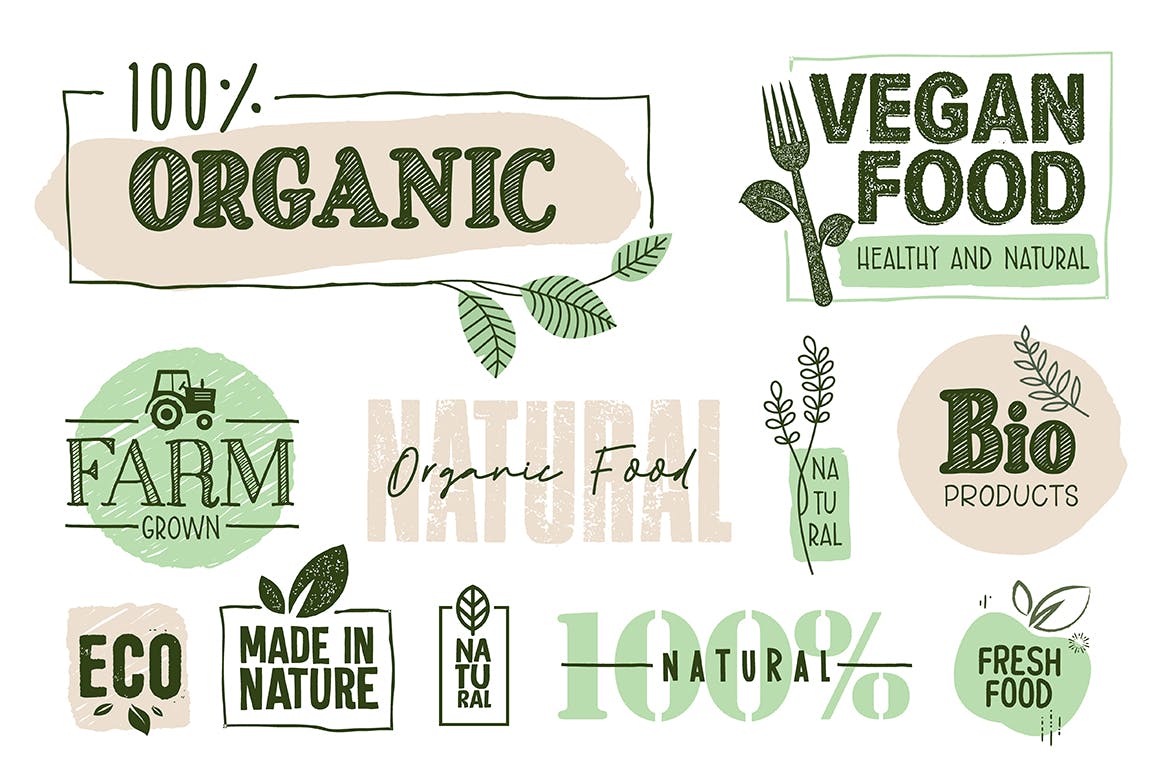 有机食品标志标识和元素设计素材 Organic Food Signs and Elements Collection插图