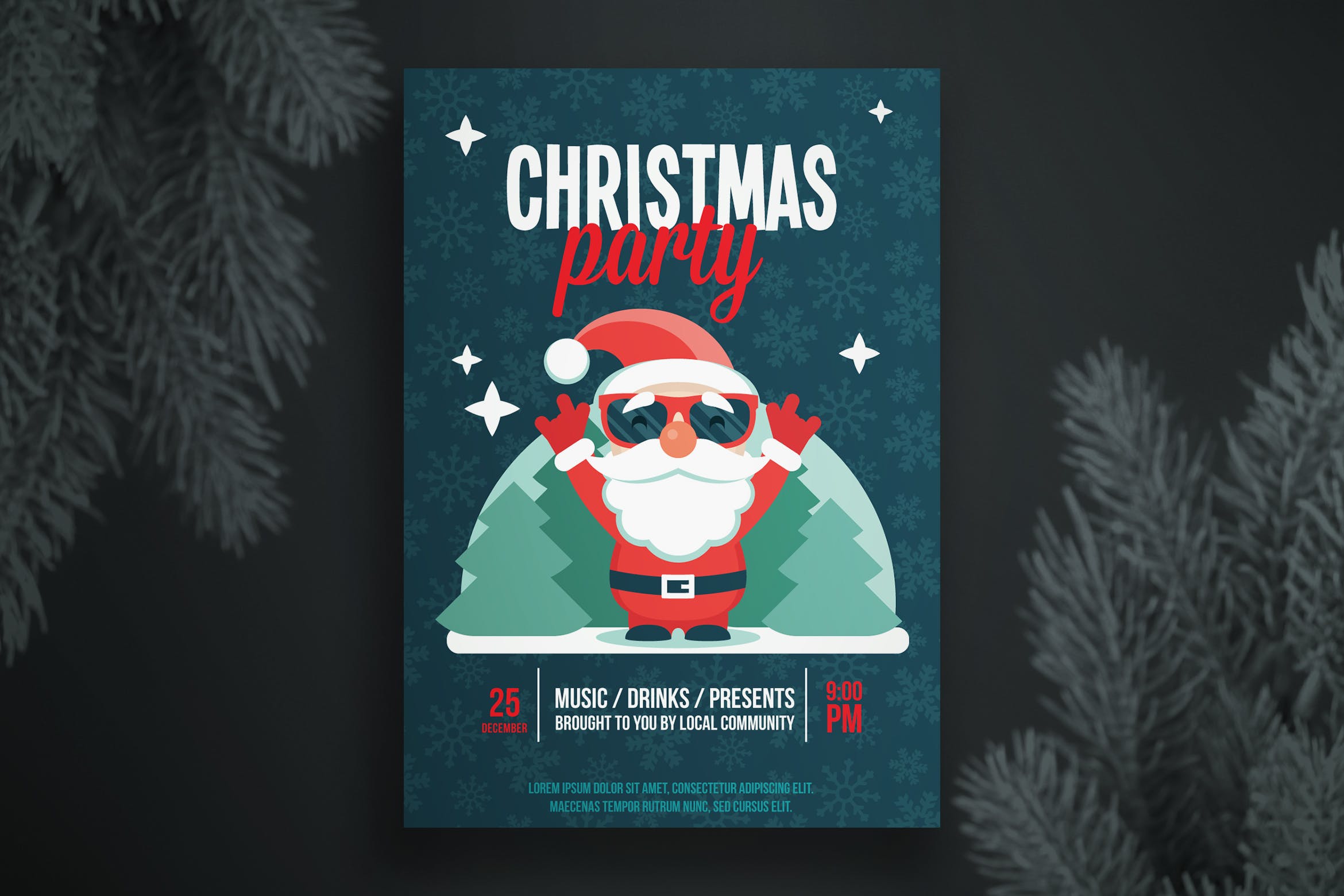 戴墨镜的圣诞老人圣诞节派对海报设计模板 Christmas party flyer template插图