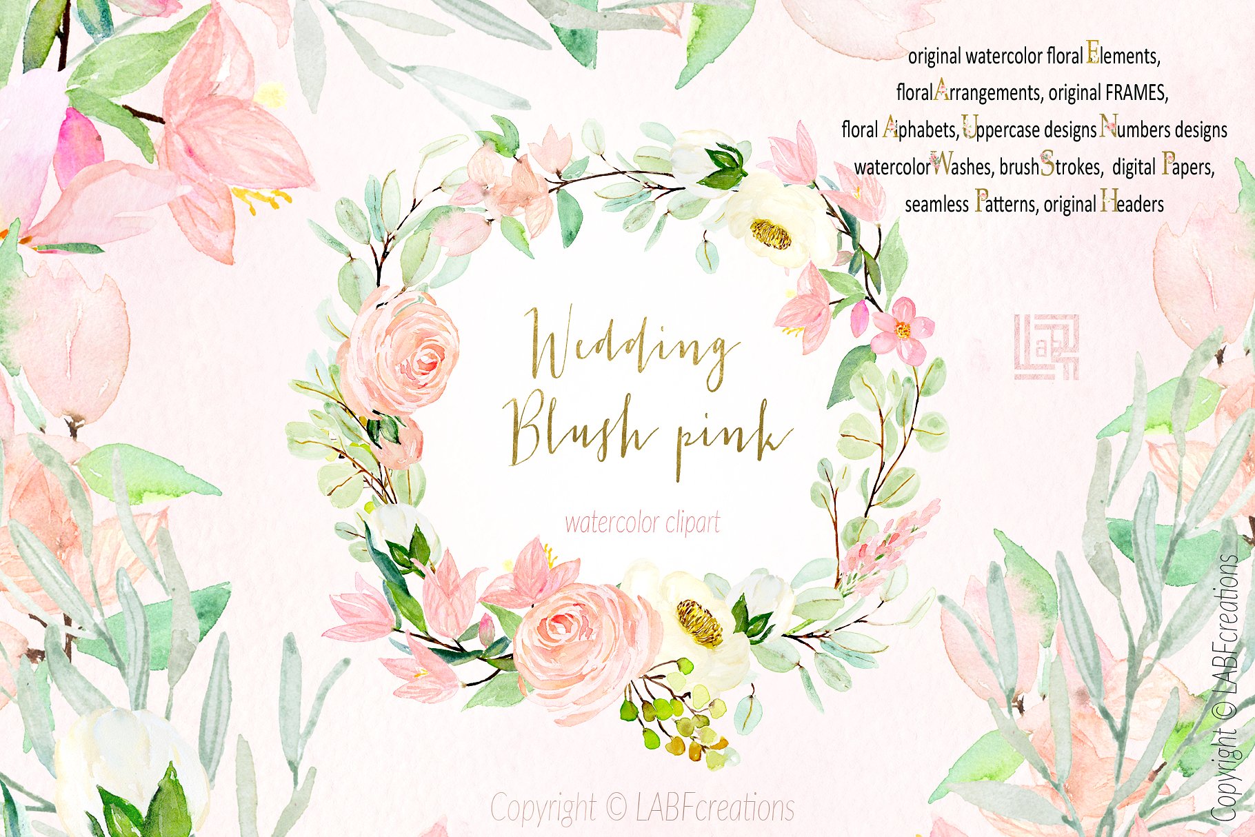 胭脂红水彩花卉元素，花环，花式字母… Blush pink bougainvillea插图(16)