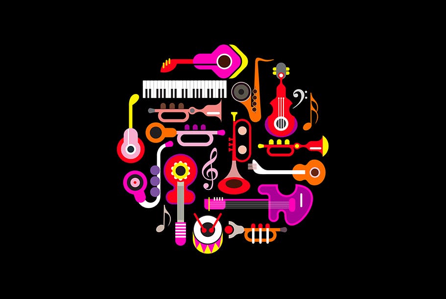 霓虹设计风格音乐乐器主题圆形矢量插画 Musical Instruments Neon round shape vector design插图(3)
