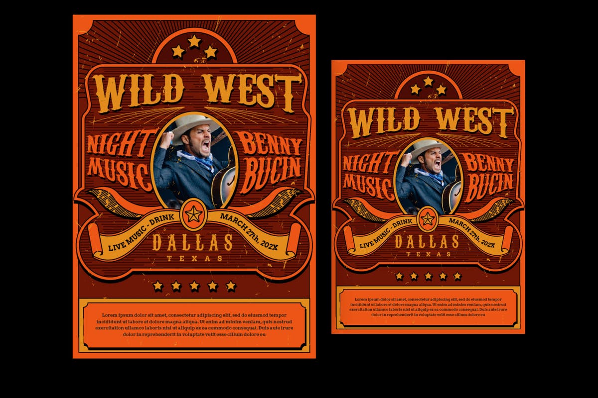 狂野西部音乐活动海报模板设计 Wild West Music Flyer插图