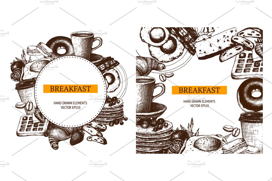墨水手绘老式早餐模板设计元素 Hand Drawn Breakfast Design插图(2)