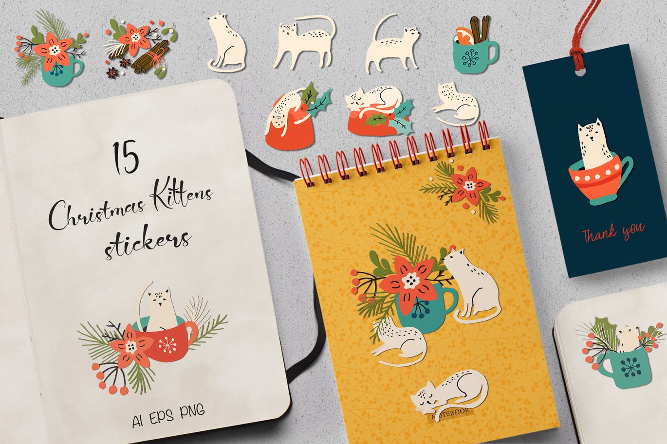 圣诞主题小猫动物贴纸/剪纸图案素材 Christmas Kittens Stickers插图