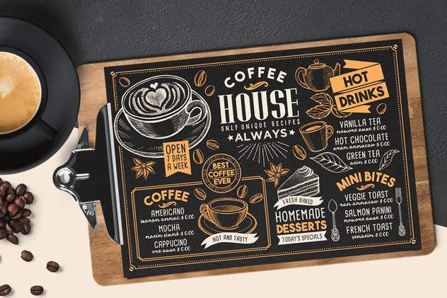 复古粉笔画设计咖啡馆菜单PSD模板 Coffee Menu Template插图(1)