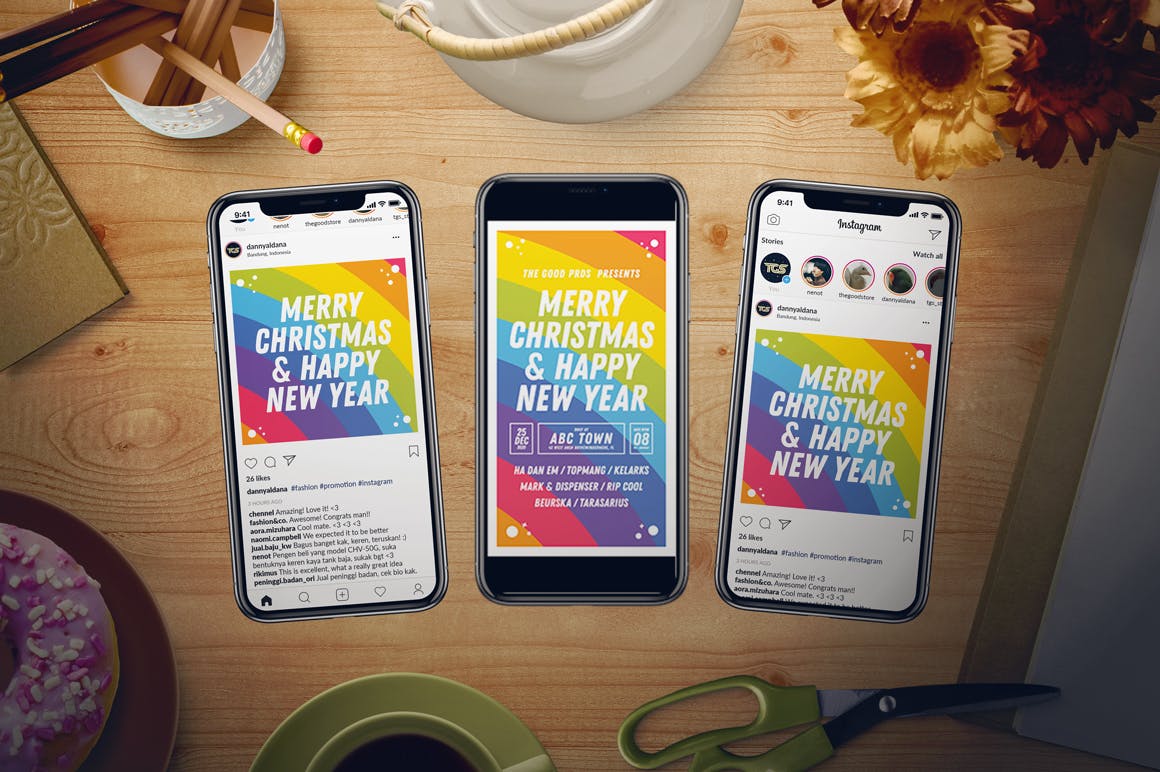 手绘彩虹色新年主题海报传单设计模板 Rainbow New Year Flyer Set插图(2)