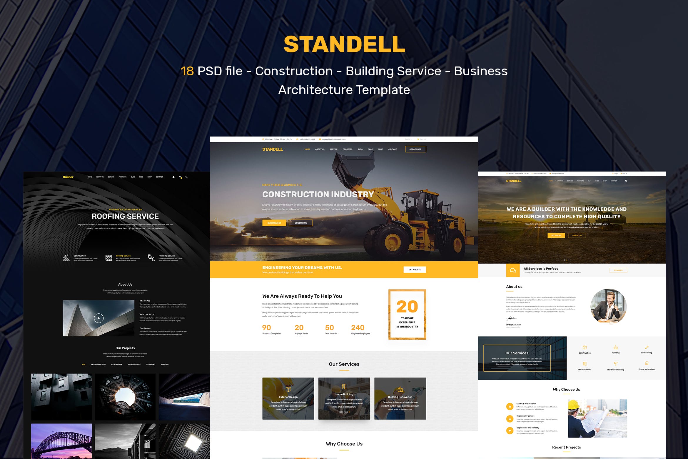 建筑基建工程公司网站设计PSD模板 Standell | Multipurpose Construction PSD Template插图