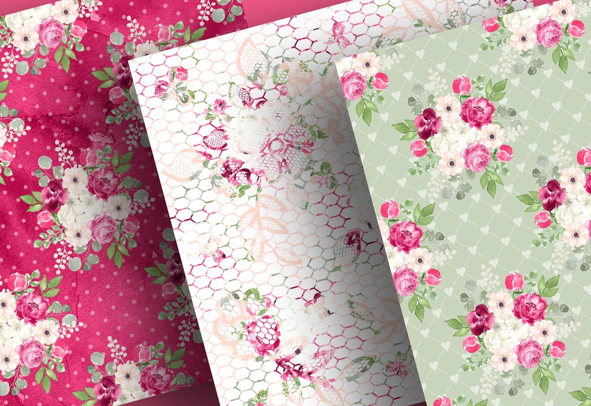 紫红色&绿色水彩手绘图案数码纸张设计素材 Watercolor Fuchsia And Green digital paper pack插图(2)
