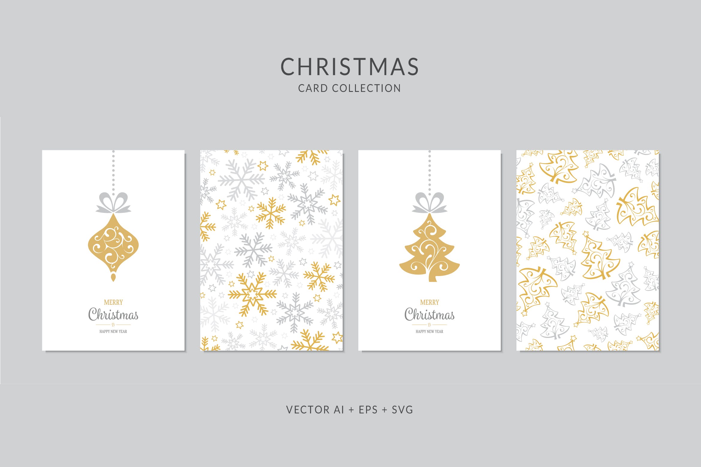 圣诞树/雪花/圣诞装饰元素圣诞节贺卡矢量设计模板 Christmas Greeting Card Vector Set插图