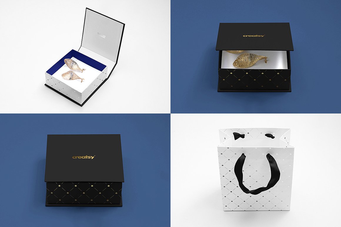 低调奢华珠宝盒礼品袋样机模板 Jewelry Box Mockup Set插图(2)