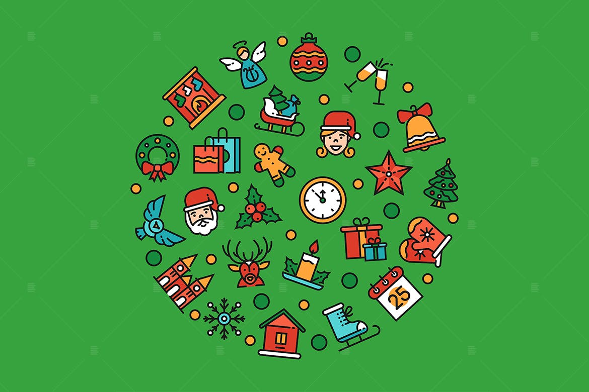 圣诞节符号图标组合圆形矢量设计素材 Christmas symbols – linear illustration插图(1)