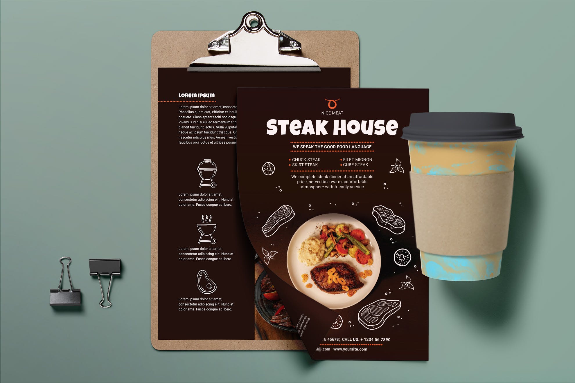 复古棕色餐厅宣传广告海报/菜单设计模板 Steak House Flyer插图(2)