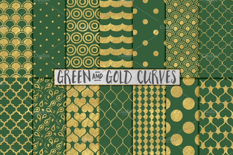 绿色＆金箔海浪花纹素材 Green and Gold Foil Backgrounds插图