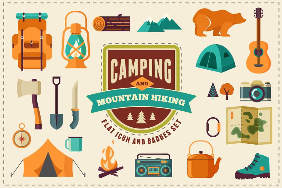 露营和徒步扁平风格矢量图标图形集 Camping & Hiking flat icon set插图