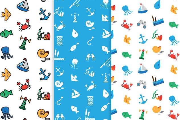 海洋主题图标＆图案背景纹理 Sea Icons and Patterns Set插图(3)