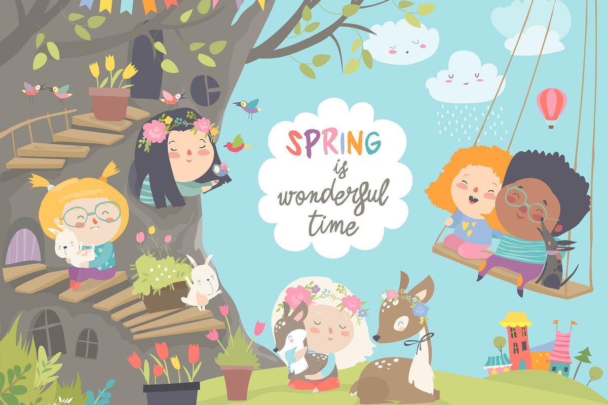 春天卡通人物&动物场景矢量插画设计素材 Cute cartoon children with animals in spring fores插图