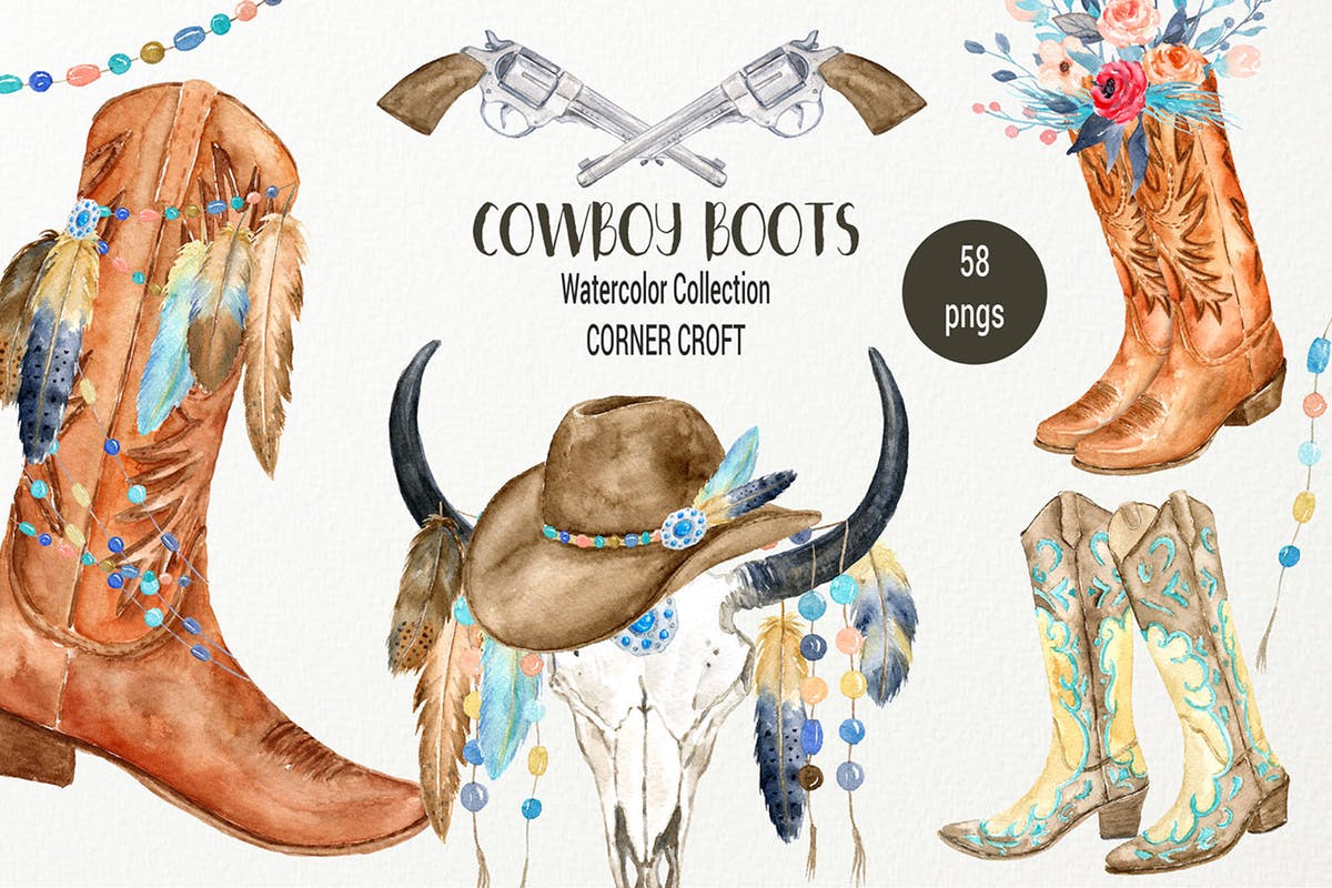 西部牛仔文化靴子&配件水彩插画合集 Watercolor Cowboy Boots And Accessory collection插图