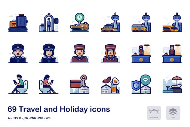 旅行假日主题概念矢量图标 Travel and holiday filled outline icons插图(2)