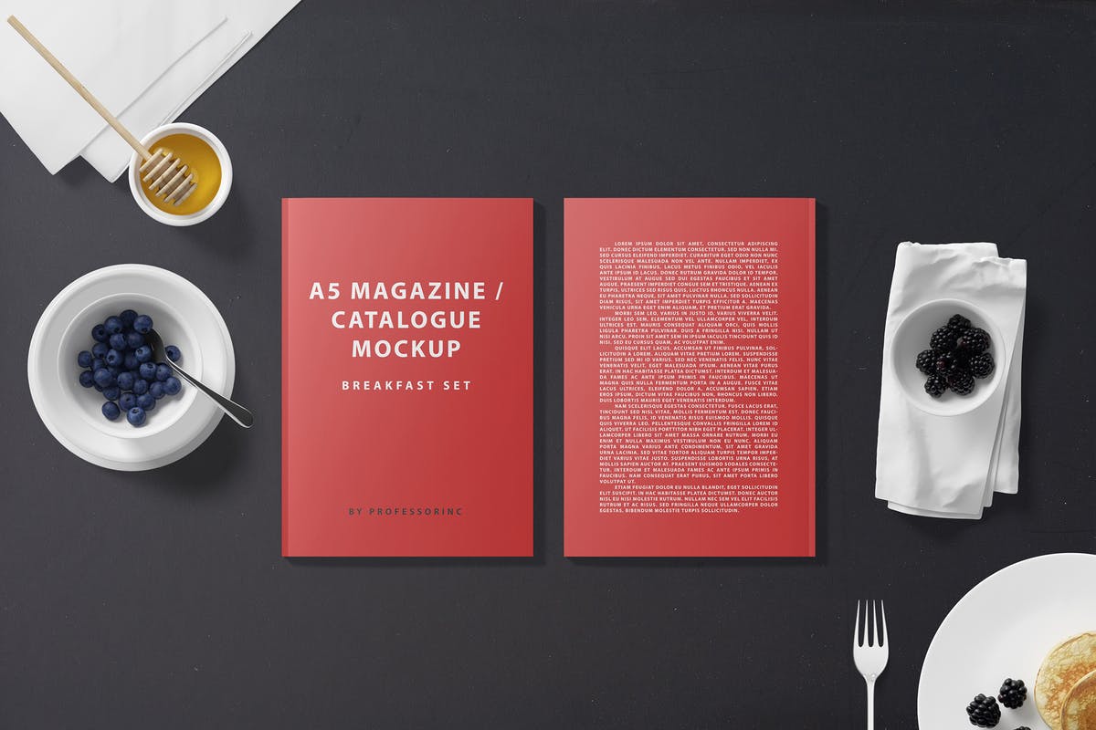 早餐场景A5杂志画册样机 A5 Magazine Catalogue Mockup – Breakfast Set插图