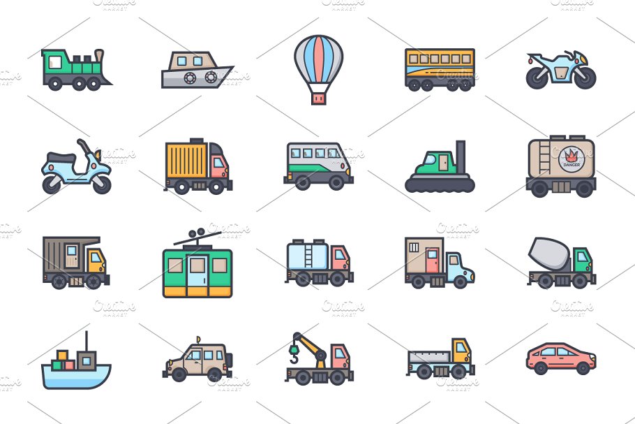 100+扁平化交通工具图标集 100+ Flat Transport Icons Set插图(1)