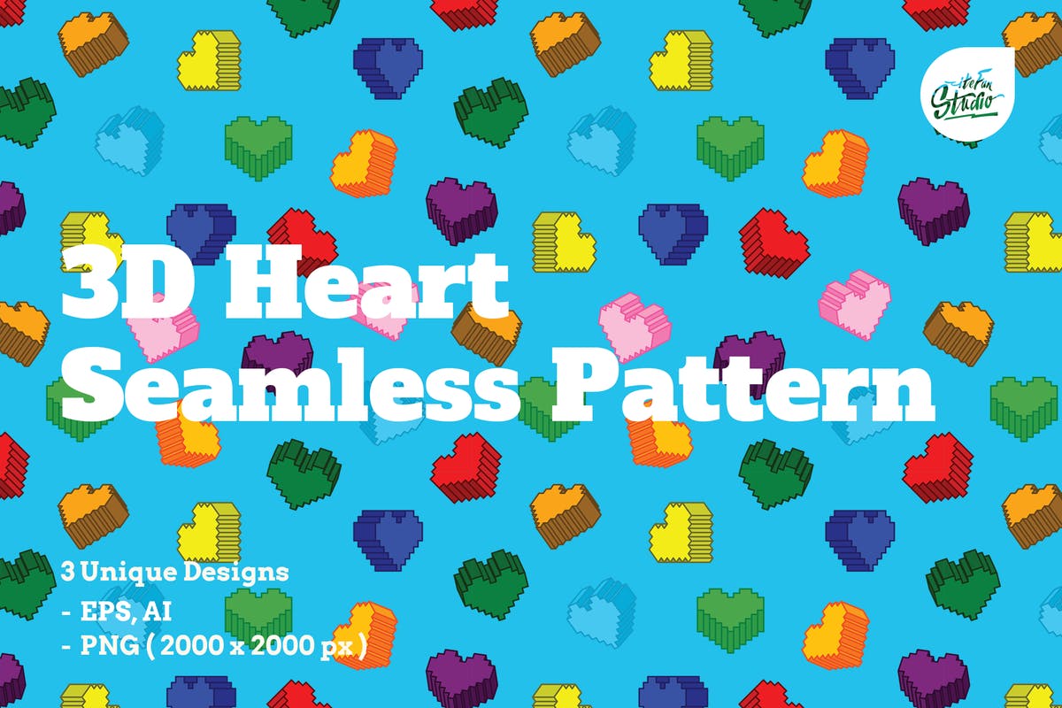 复古数码风格3D心形图形无缝图案纹理 3D Heart Seamless Patterns插图