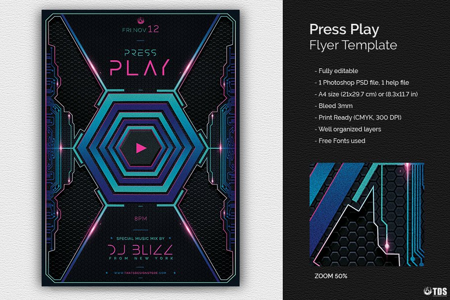 科技感DJ音乐派对海报传单模板 Press Play Flyer PSD插图