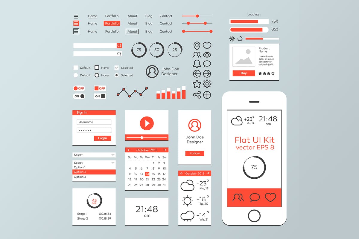 红白配色扁平设计风格移动Web用户界面工具包 Red & White Flat Mobile Web UI Kit插图
