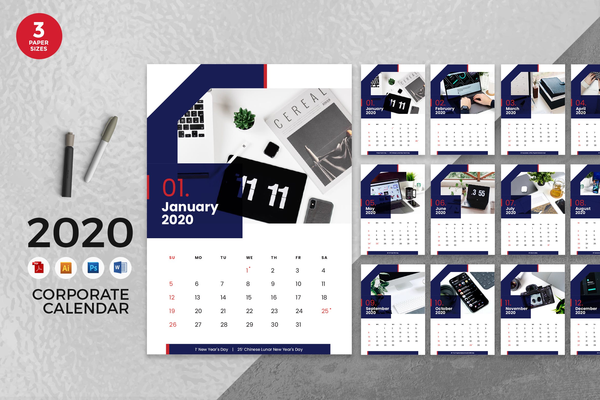 企业定制设计2020年日历表设计模板 Corporate Business 2020 Calendar – AI, DOC, PSD插图