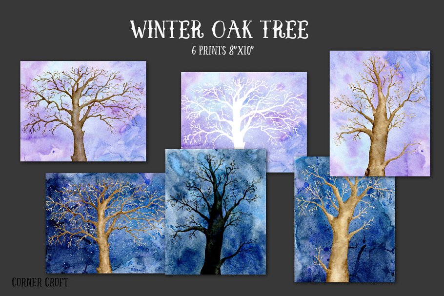 手绘水彩艺术栎树剪贴画 Watercolor Winter Oak Trees插图(3)