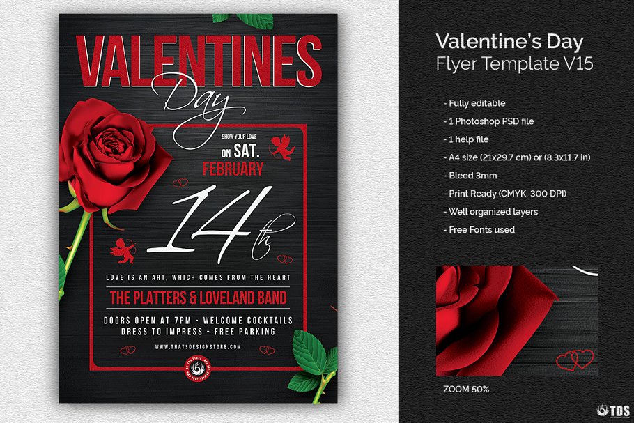 情人节活动玫瑰花元素海报传单PSD模板 V.15 Valentines Day Flyer PSD V15插图