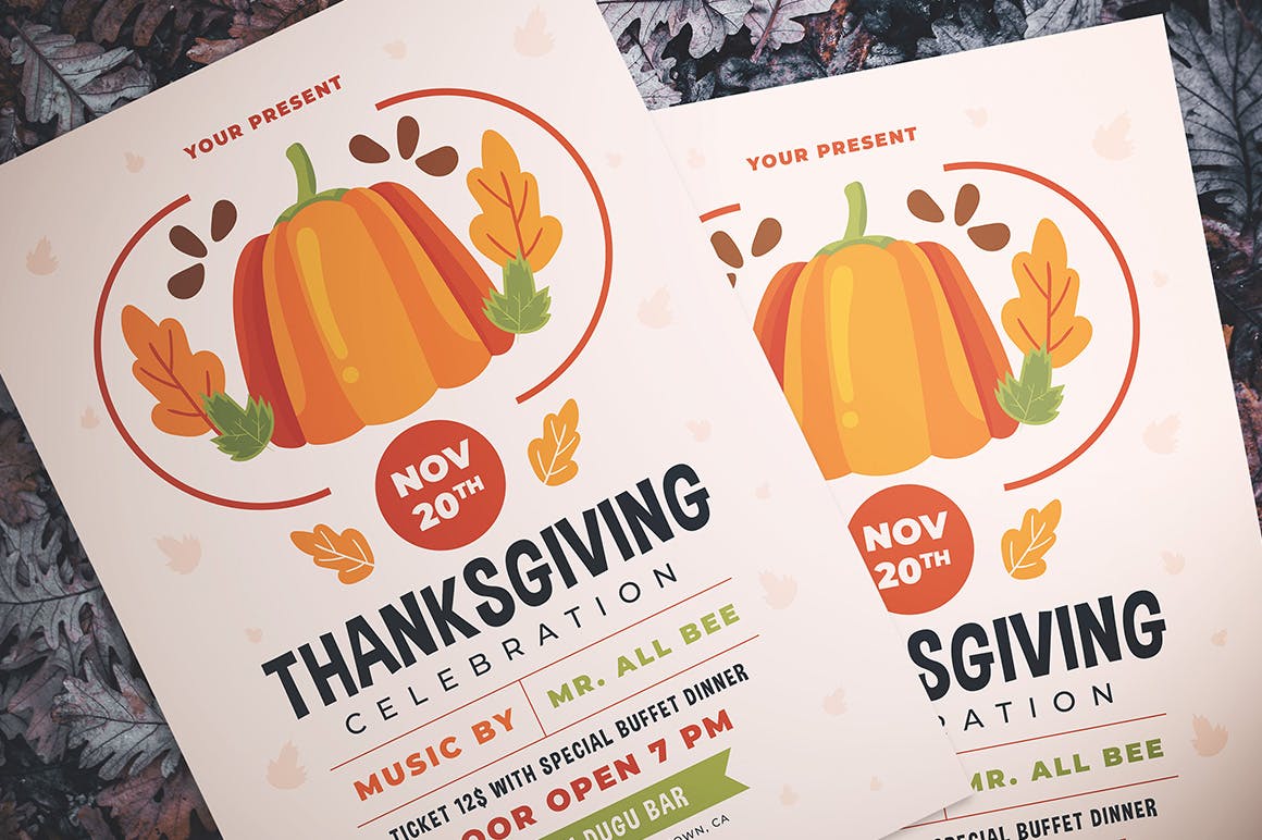 感恩节庆祝活动海报模板素材 Thanksgiving Celebration Flyer插图(1)