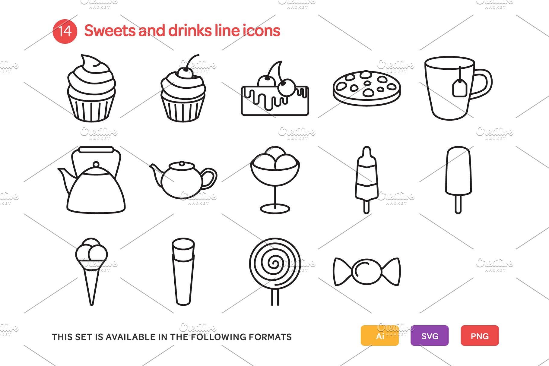 14个糖果和饮料系列线型图标集  Sweets and Drinks Line Icons Set插图(1)