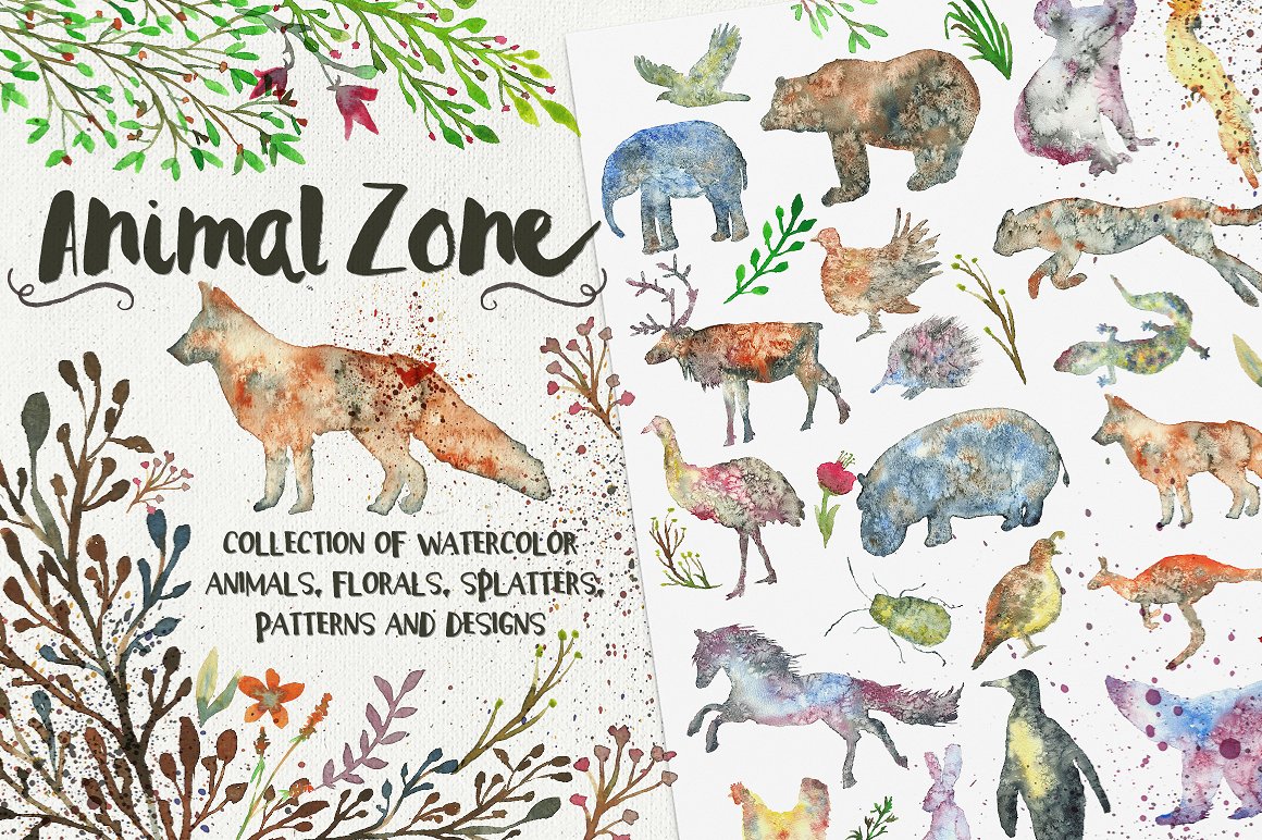 极力推荐：动物水彩剪贴画、纹理、Logo模板等合集 Animal Zone Watercolor collection[1.48GB]插图