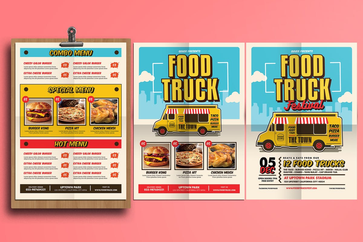 食品快餐车POP海报/菜单模板 Pop Art Food Truck Flyer/Menu插图