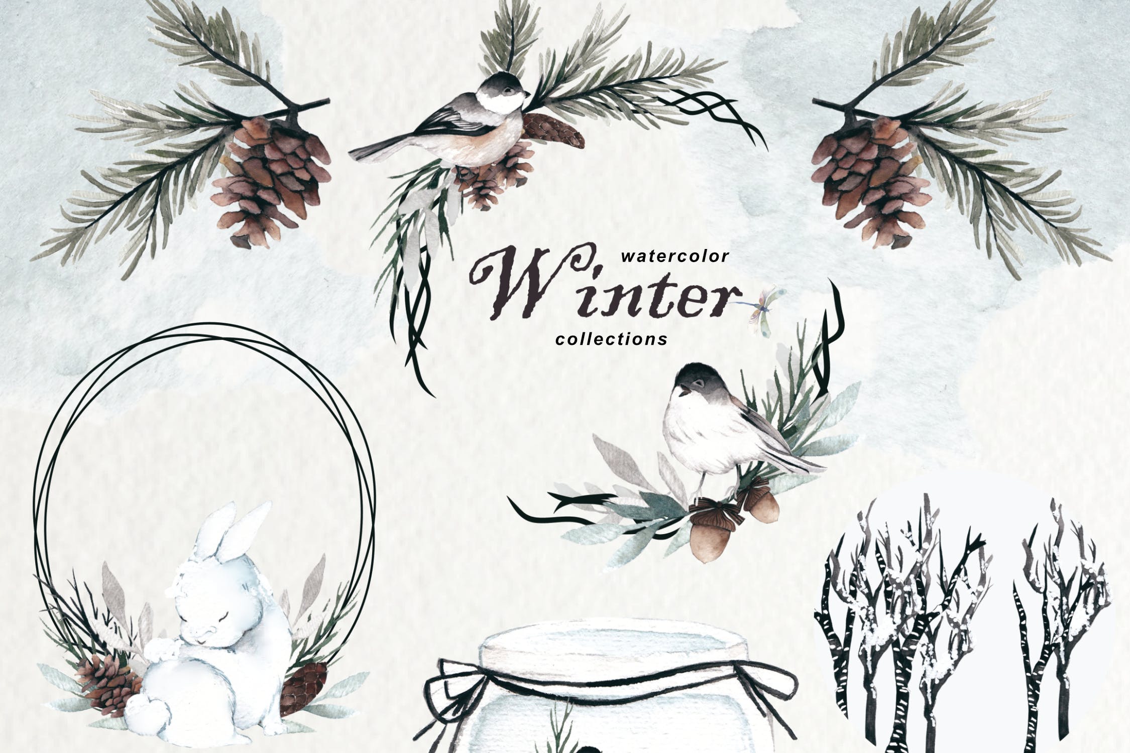 冬季元素水彩手绘剪贴画PNG素材 Winter Watercolor Collection插图(1)