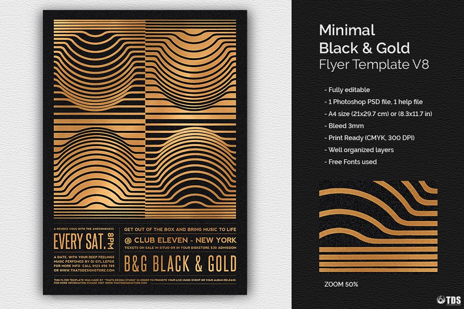 极简主义黑金色调派对活动宣传单模板 Minimal Black Gold Flyer PSD V8插图