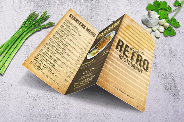 80年代复古三折页西餐厅菜单模板 80’s Retro Trifold A4 & US Letter Menu插图(5)