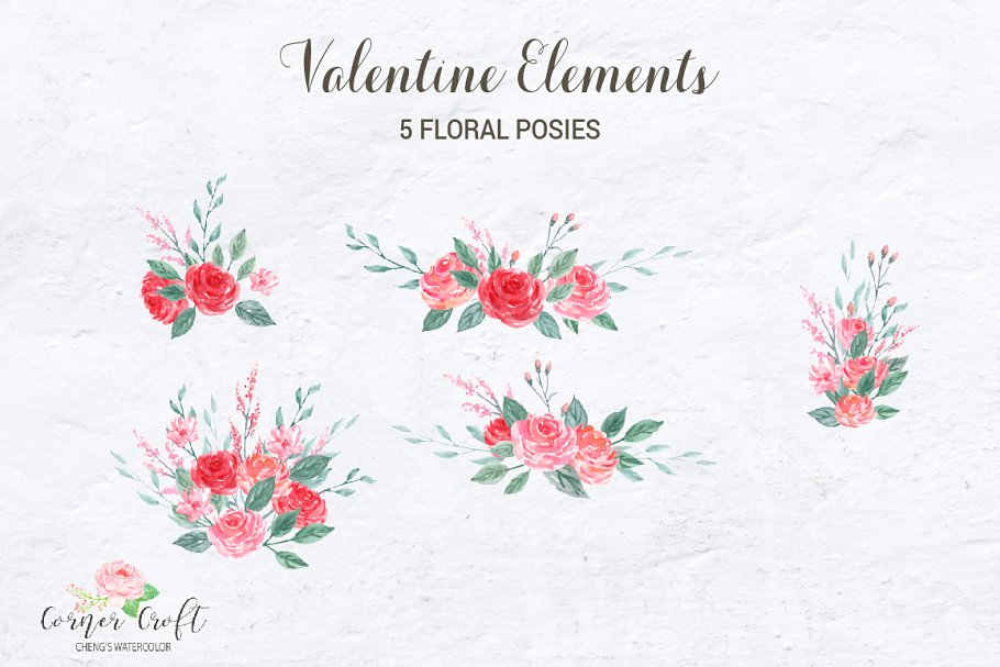 手绘水彩情人节元素剪贴画 Watercolor Valentine Elements插图(3)