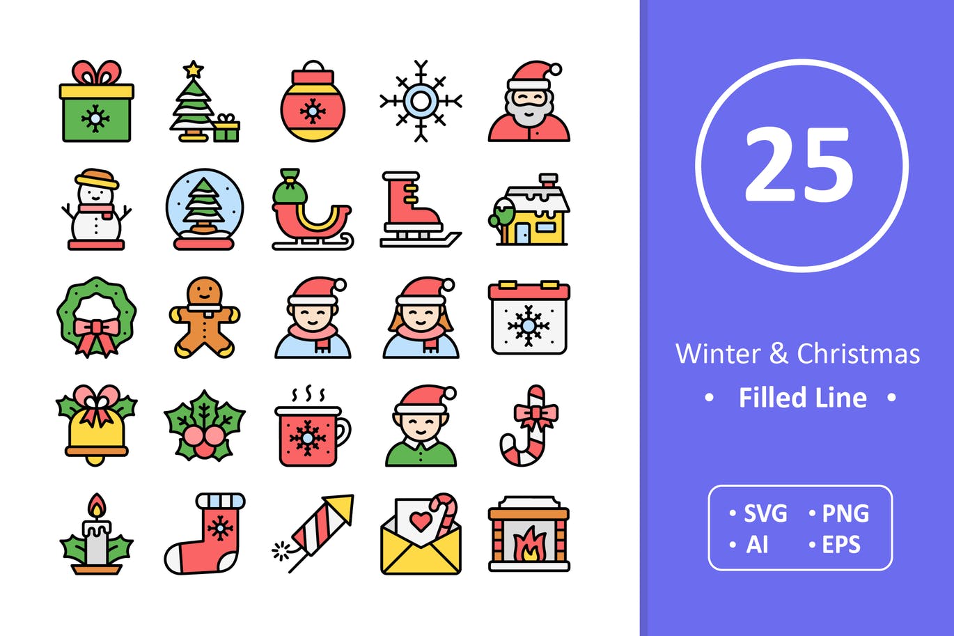 冬季&圣诞节主题填充图标 Winter & Christmas Icons – Filled Line插图