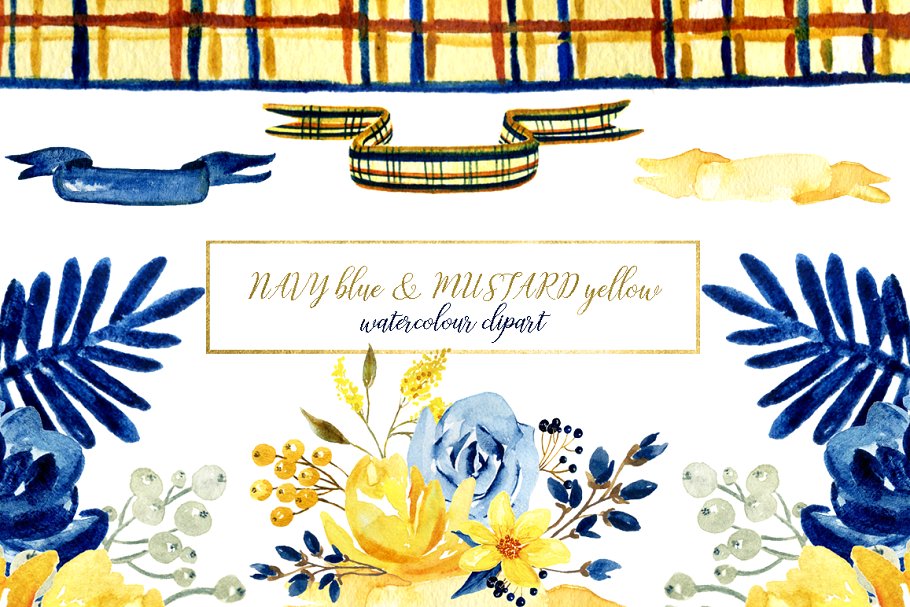 海军蓝&芥末黄水彩花卉插画素材 Navy blue & mustard yellow flowers插图(2)