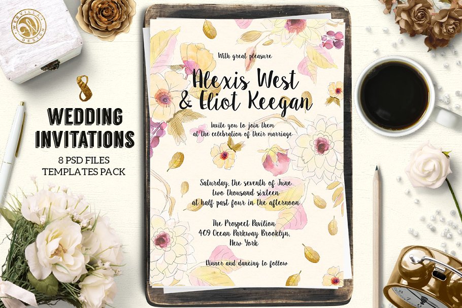 手绘花卉装饰婚礼邀请函设计模板合集 8 Wedding Invitations Pack插图(5)