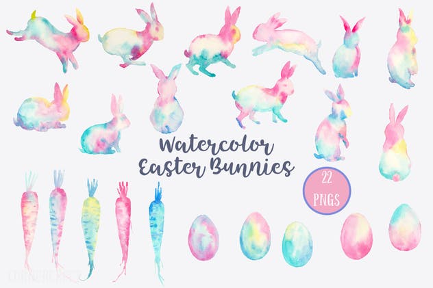 复活节兔子水彩矢量图案设计套装 Watercolor Easter Bunnies Design Kit插图(1)