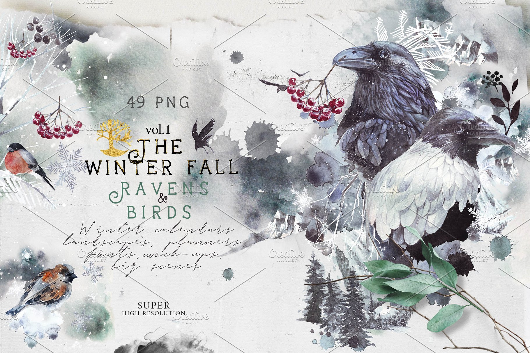 乌鸦、鸟、冬季风景、场景、水彩造型&字体 [2.81GB, 格式PNG, PSD,JPG &HTML] Ravens & birds vol.1插图