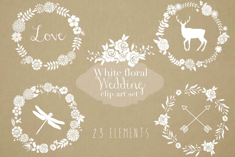白色花卉花环剪贴画合集 White floral clip art set插图