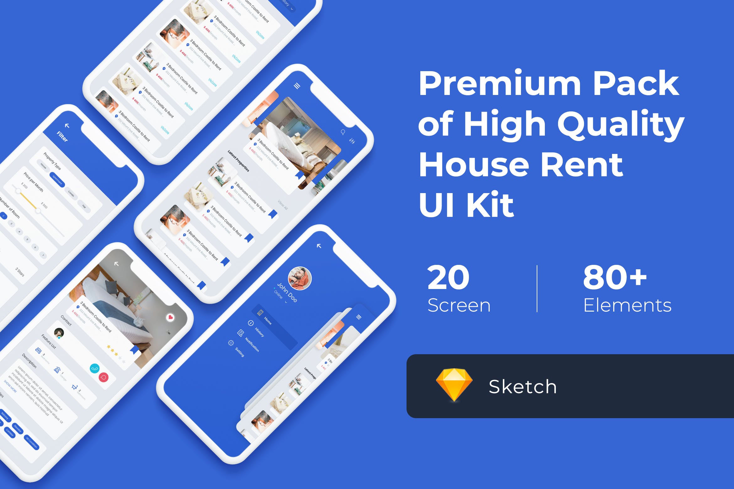 房屋租赁租房APP应用UI套件[for Sketch] House Rent Mobile UI KIT for Sketch插图