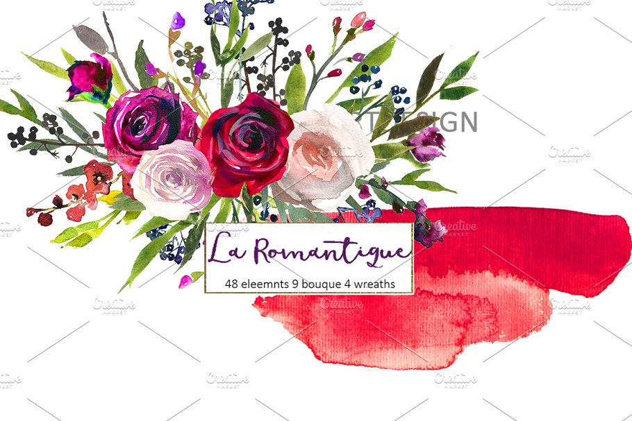 勃艮第红粉水彩花卉剪贴画 Burgundy Red Pink Flowers Clipart插图(21)